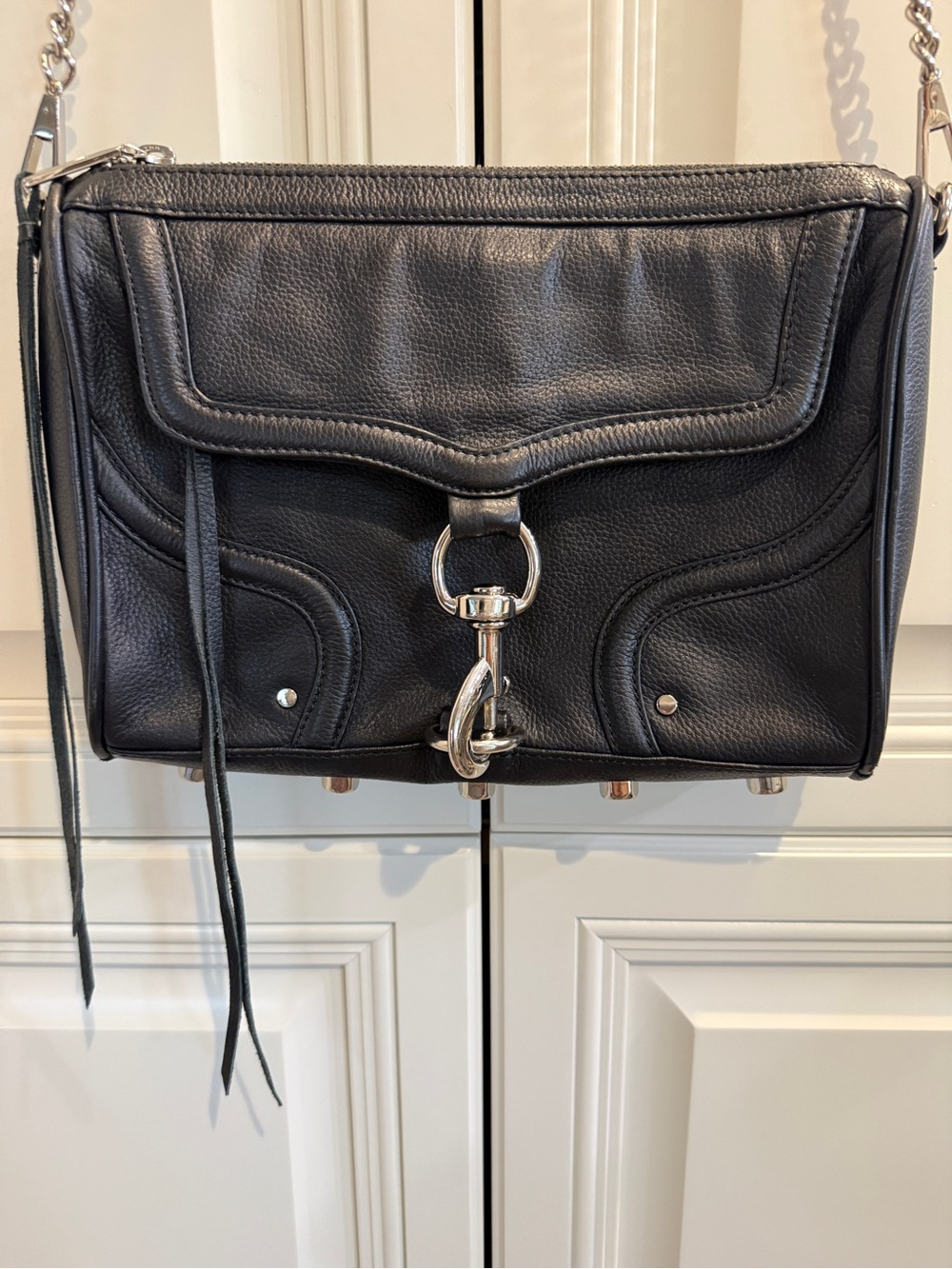 Rebecca Minkoff Black Leather Crossbody Bag with Silver Hardware.